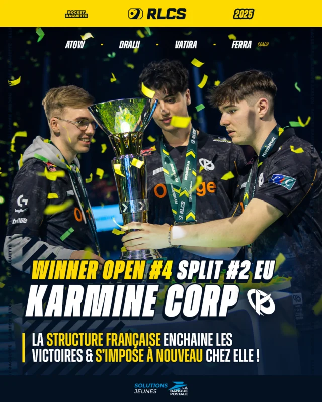 [Open 4 Split 2 Européen] Les résultats du Dimanche (Jour Final) - La KARMINE CORP encore & toujours AU SOMMET (chokbar) !

Scores :
🔸 Dignitas vs. Geekay : 4-1
🔹 M8 Alpine vs. NIP : 4-2
🔸 Vitality vs. Dignitas : 4-2
🔹 KCORP vs. M8 Alpine : 4-3
🔸 KCORP vs. Vitality : 4-2

🎯 La suite des Open Européens, c'est à partir du 16 au 18 Mai sur Rocket Baguette !
🌟 Pour vous, qui est le MVP du tournoi ? ⬇️

#rocketleague #rl #esport #kcorp #vitality #gentlemates