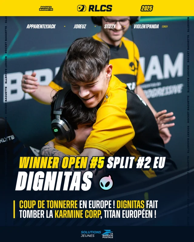 [Open 5 Split 2 Européen] Les résultats du Dimanche (Jour Final) - La KCORP est tombée ! Finale de dingue, où Dignitas s'impose au bout du suspens. Malgré cette défaite, la structure française valide sa présence au Major de Raleigh fin juin.

Scores :
🔸 Geekay vs. Team BSK : 4-1
🔹 M8 Alpine vs. Dignitas : 3-4
🔸 KCORP vs. Geekay : 4-0
🔹 Vitality vs. Dignitas : 2-4
🔸 KCORP vs. Dignitas : 3-4

🎯 Le dernier tournoi Open Européen, c'est du 30 Mai au 1er Juin sur Rocket Baguette !
🌟 Pour vous, qui est le MVP du tournoi ? ⬇️

#rocketleague #rl #esport #kcorp #vitality #dignitas